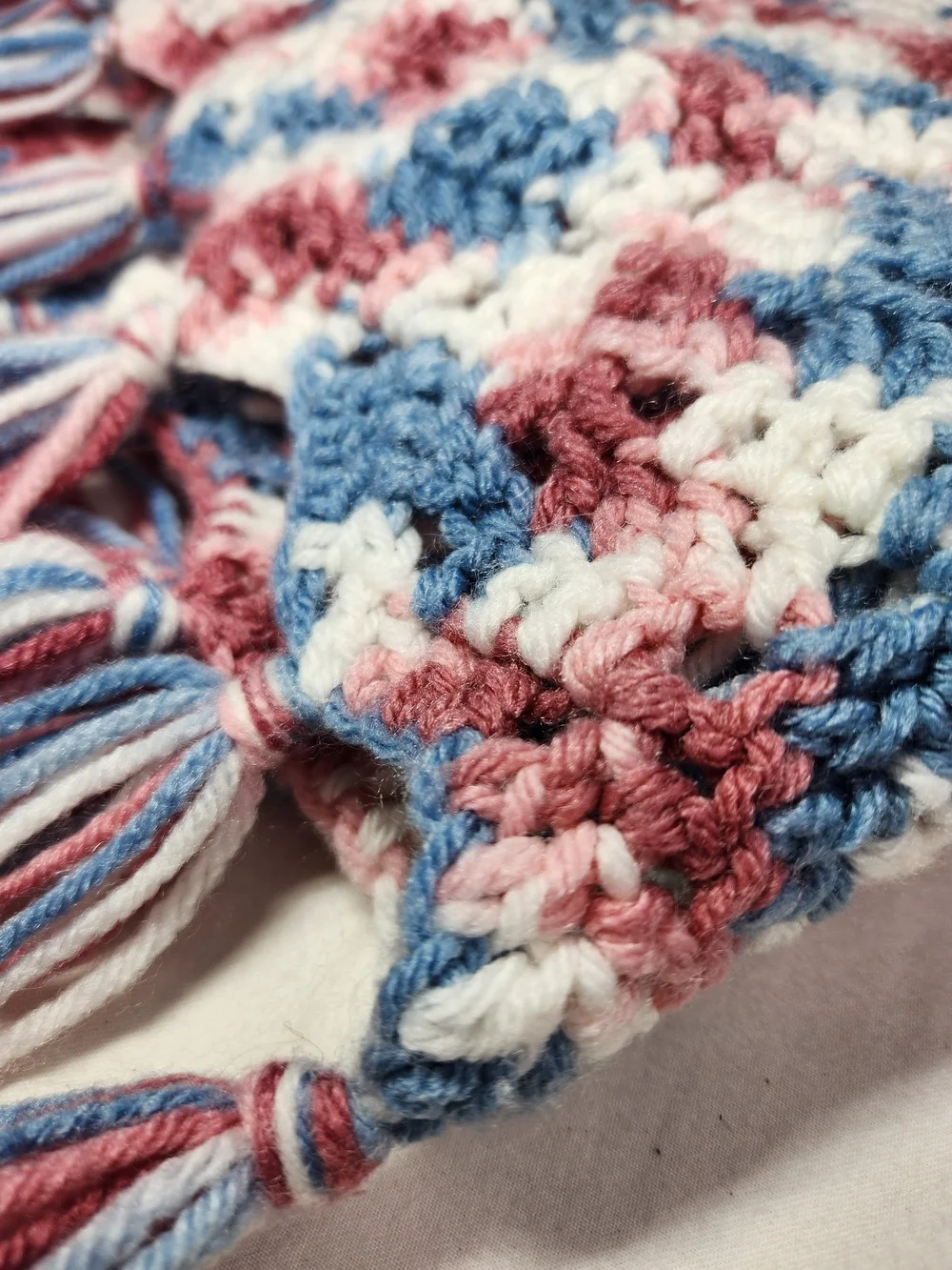 Handmade Crochet Throw Blanket Pink Blue White Fringe Granny 34x80  See Descript